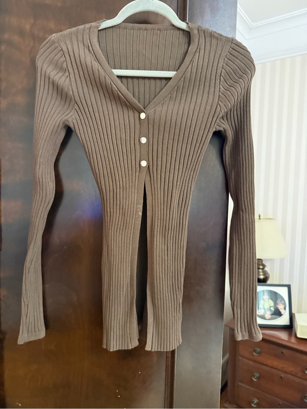 Commense Brown Ribbed V-Neck Button Front Sweater